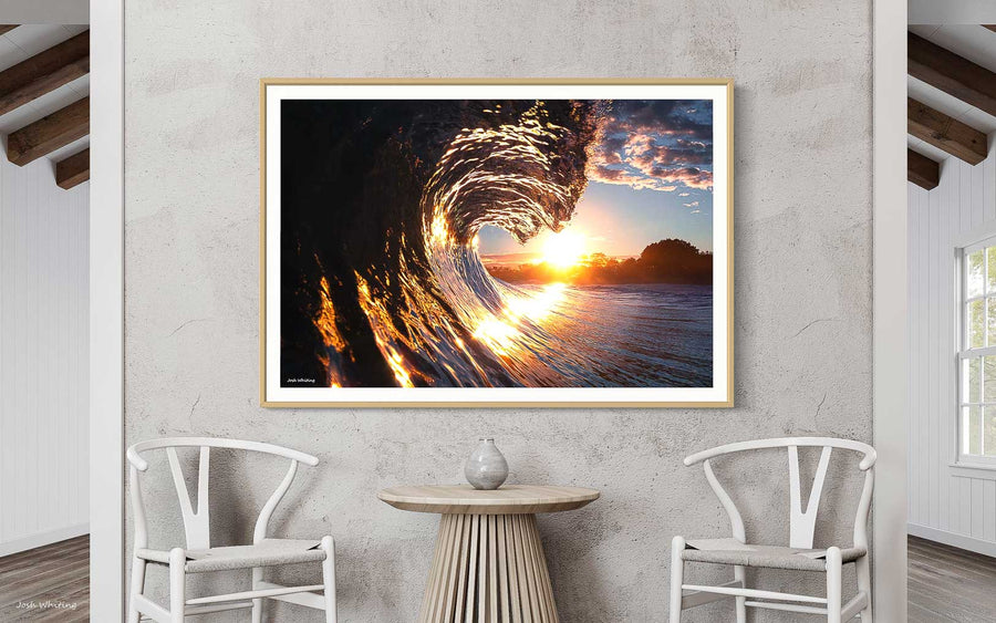 Mooloolaba beach surf wall art - Glass framed print oak - Coastal decor - Ocean waves artwork - Surfing scene canvas - Beach house wall decor - Seaside theme artwork - Coastal living room decor - Tropical beach vibes - Australian beach scene - Sunshine Coast artwork