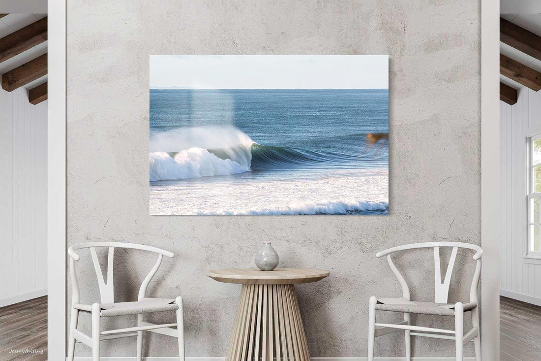 High gloss acrylic finish on this barrel photography print, capturing the power of a Sunshine Coast point break