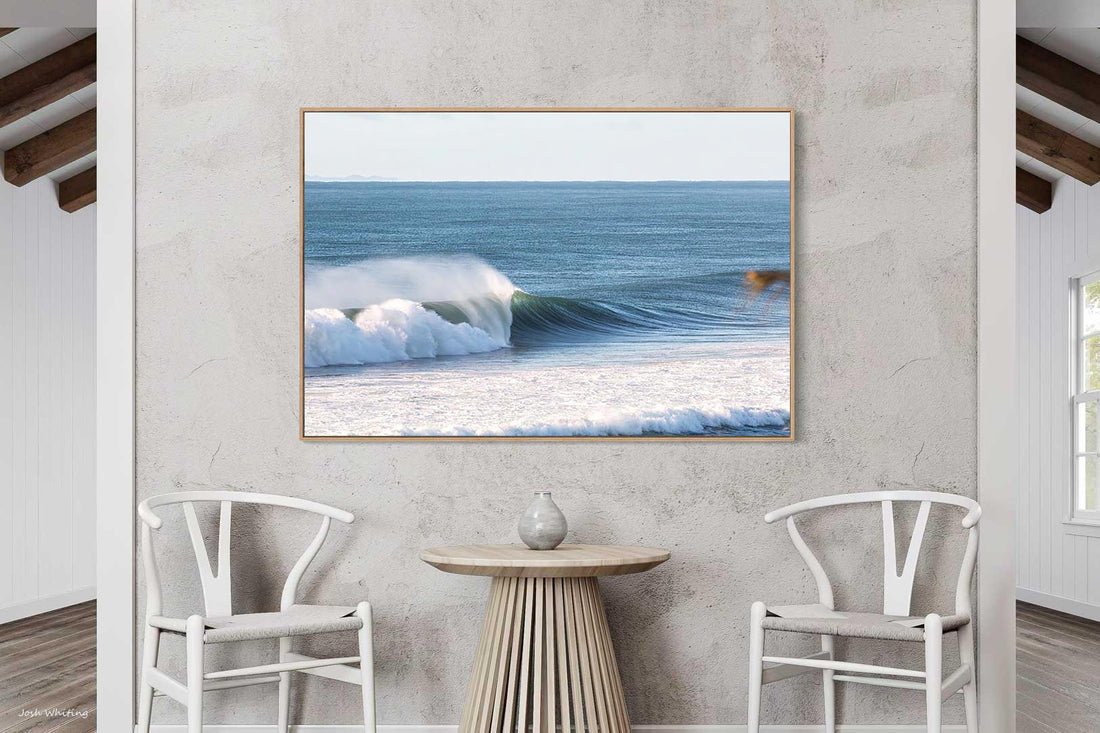 This oak floating frame canvas brings out the swell and spray of a Sunshine Coast barrel