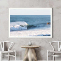 This left hand point break print hangs framed in white, Sunshine Coast surf photography for a coastal wall