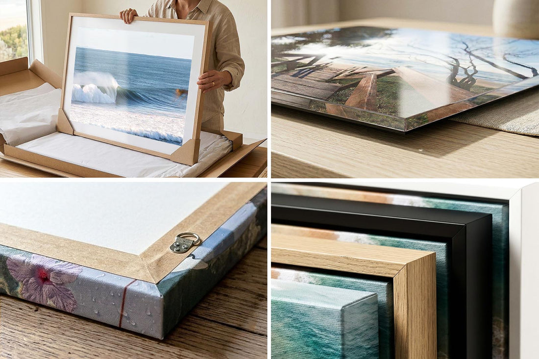 Framing corners and paper texture up close across the canvas, acrylic and framed print options