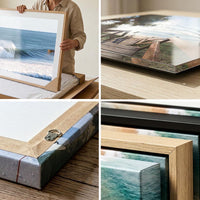 Framing corners and paper texture up close across the canvas, acrylic and framed print options