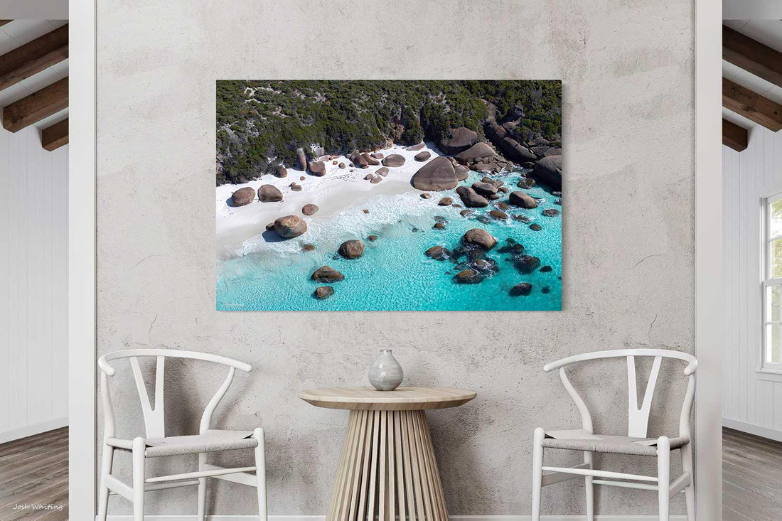 Gallery wrapped canvas print of an aerial beach photograph, ready to hang as modern coastal wall art without a frame