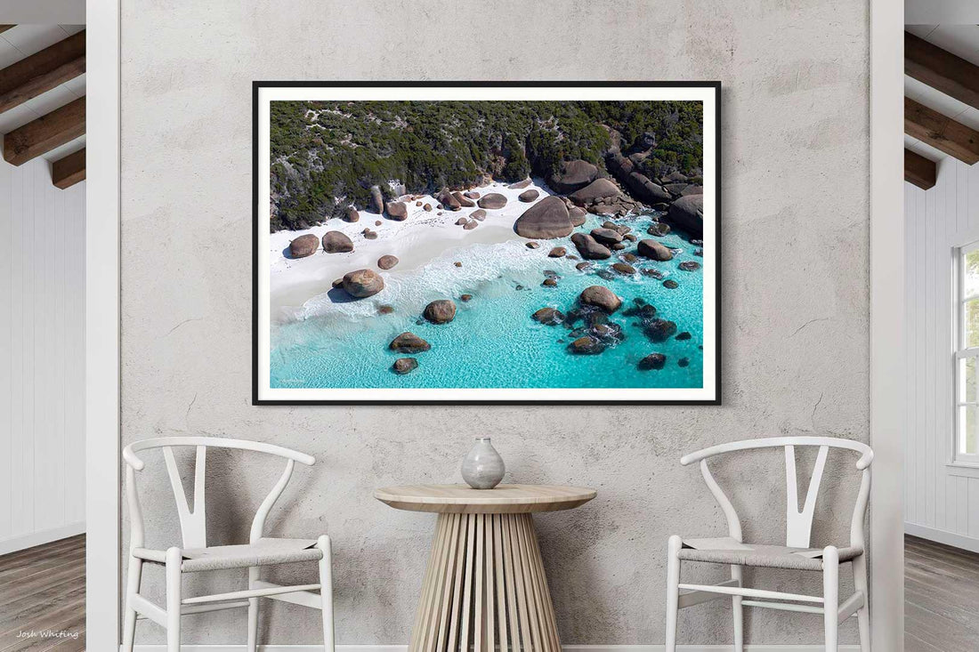 Black framed beach photography print of WA's south coast, bold contrast against the turquoise ocean water