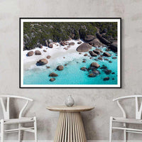 Black framed beach photography print of WA's south coast, bold contrast against the turquoise ocean water
