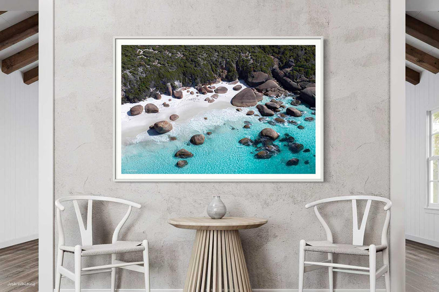 White framed beach print of Western Australia's south coast, ready to hang coastal wall art for beach house interiors [[framed_white]]