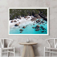 White framed beach print of Western Australia's south coast, ready to hang coastal wall art for beach house interiors