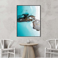 Black floating frame canvas, bold abstract wall art of swirling turquoise colour