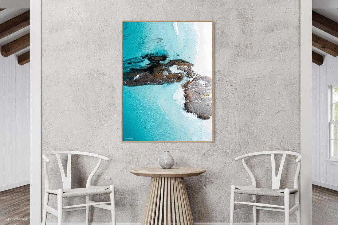 Oak floating frame canvas print, modern Australian wall art featuring abstract turquoise water