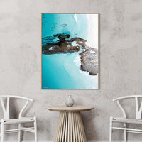 Oak floating frame canvas print, modern Australian wall art featuring abstract turquoise water