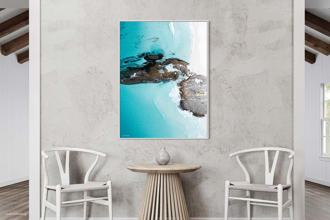 Portrait wall art canvas with a white floating frame, abstract turquoise water photography