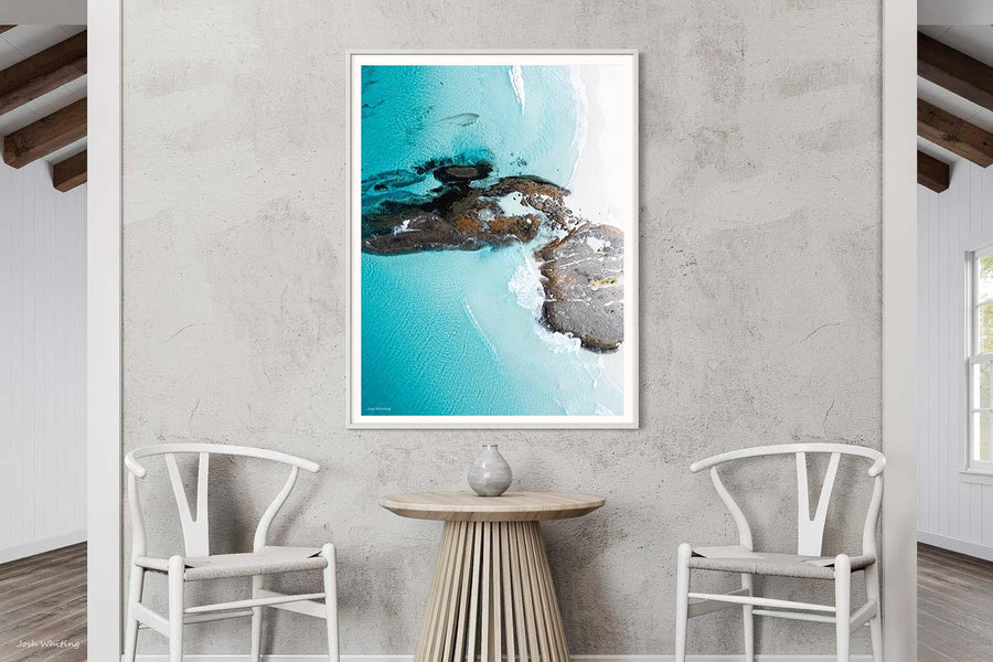 White framed abstract print of swirling turquoise water, portrait Australian wall art [[framed_white]]