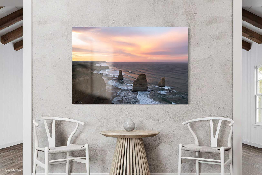 Acrylic print of the Twelve Apostles at sunrise, glossy finish coastal wall art from Victoria