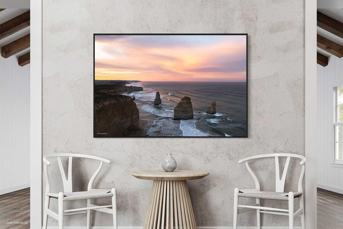 Black floating frame canvas print, high contrast view of the Twelve Apostles limestone stacks