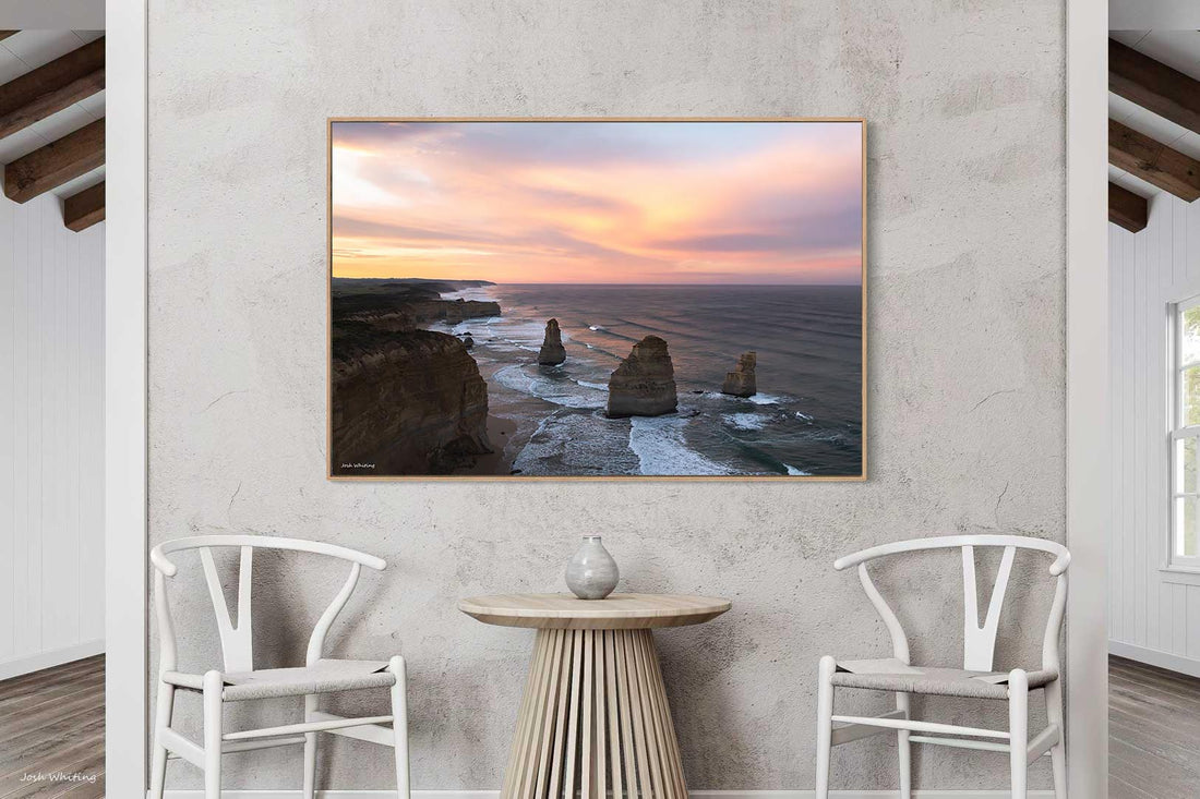 Oak floating frame canvas, Great Ocean Road landscape photography of the Twelve Apostles
