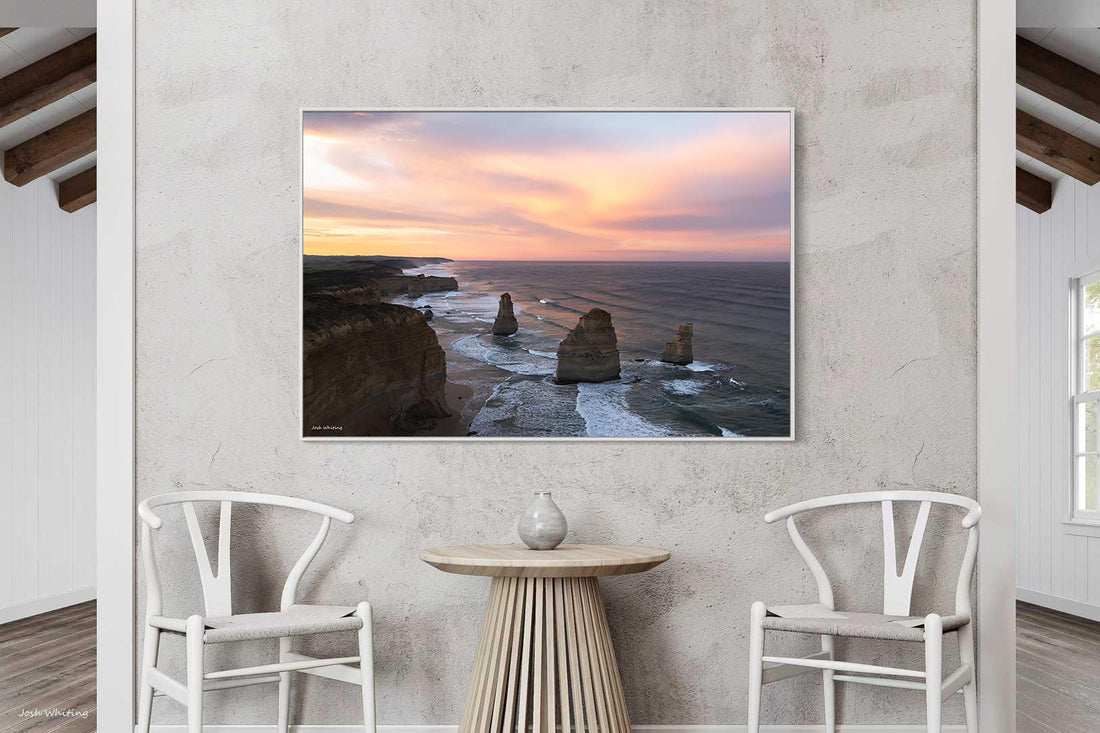 Canvas print with white floating frame, Twelve Apostles coastline glowing under a sunrise sky