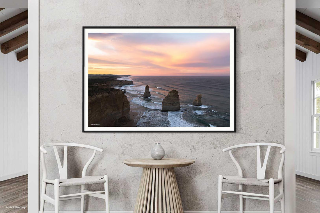 Black framed wall art print of the Twelve Apostles sea stacks, Port Campbell National Park