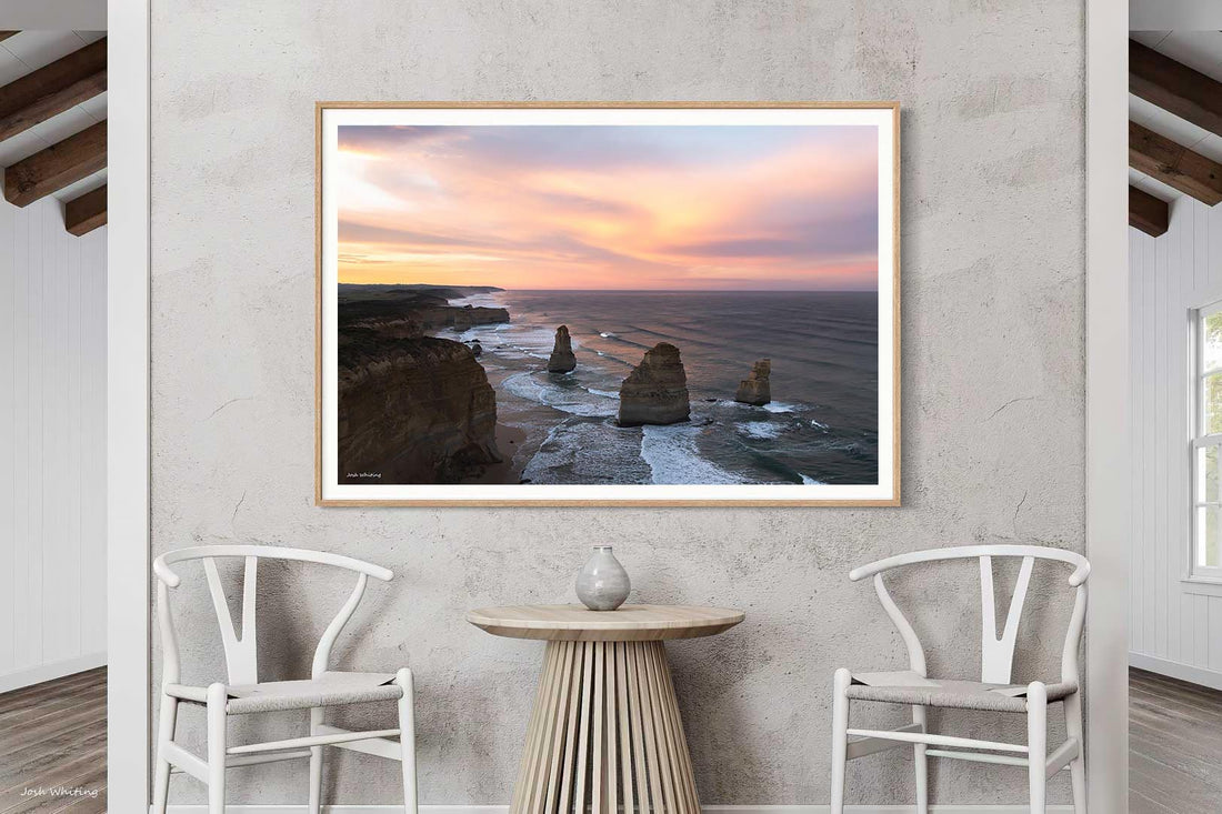Oak framed coastal print featuring the Twelve Apostles and Southern Ocean at sunrise