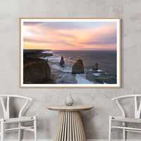 Oak framed coastal print featuring the Twelve Apostles and Southern Ocean at sunrise