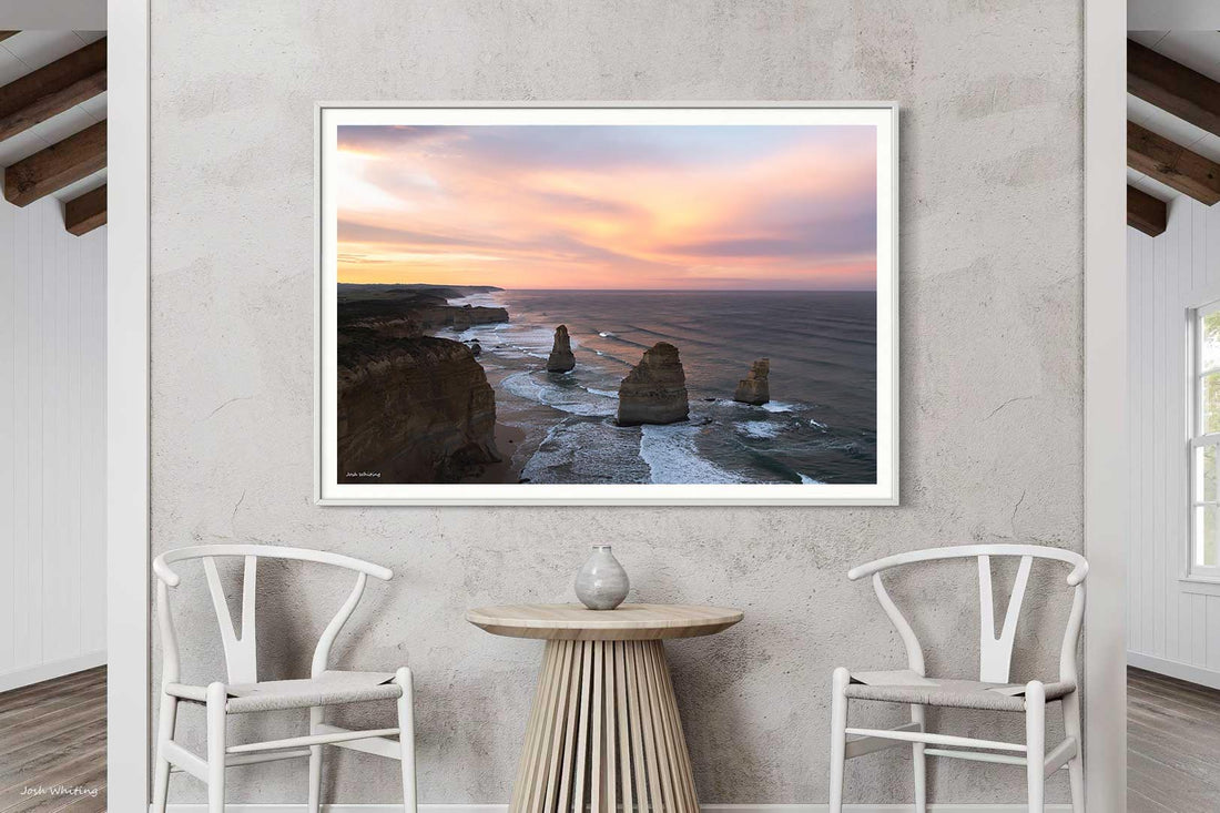 White framed print of the Twelve Apostles limestone stacks, Great Ocean Road coastal wall art