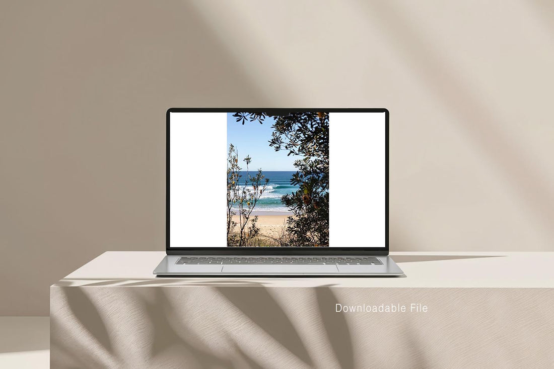 Digital wall art download, printable Australian coastal photography of a turquoise wave framed by banksia trees at Ulladulla