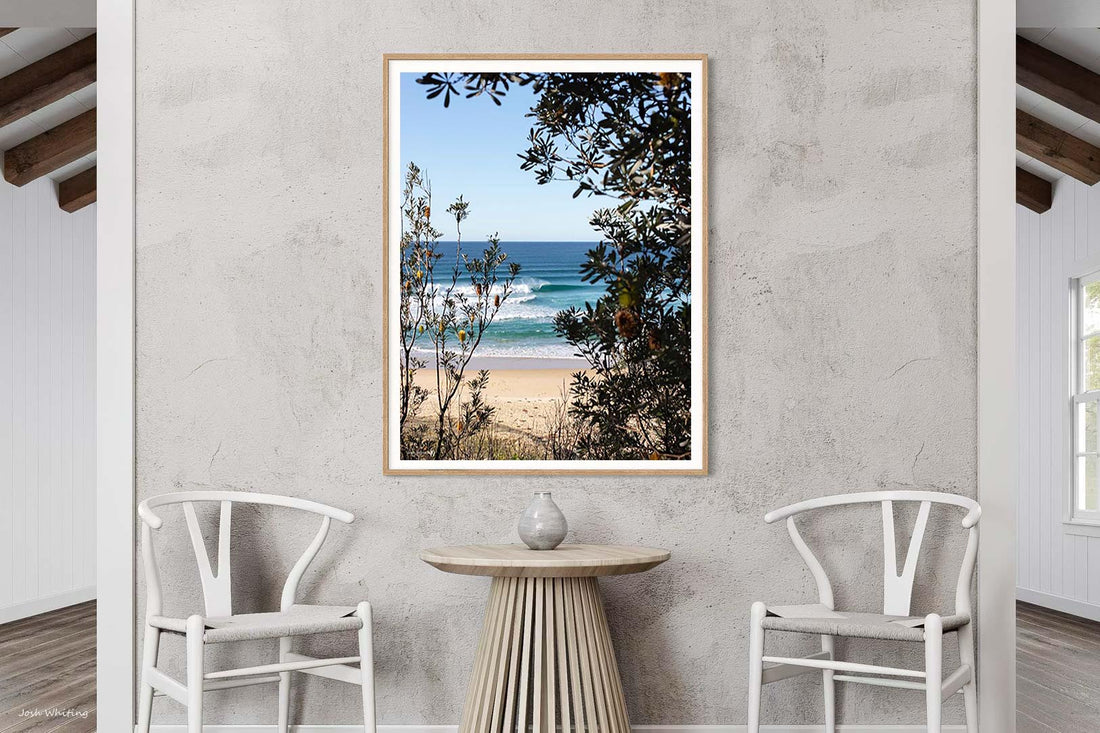 Oak framed coastal wall art print, turquoise wave and banksia tree photography from Ulladulla, NSW South Coast