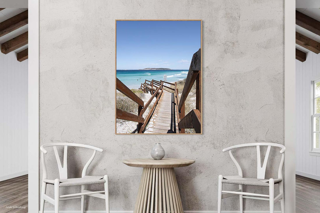 Oak floating frame beach canvas, coastal wall art featuring turquoise WA water