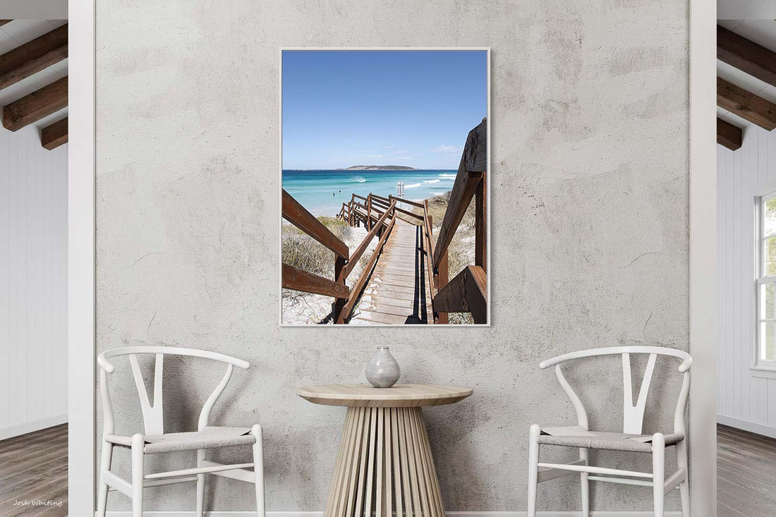 Portrait canvas with a white floating frame, Western Australia beach wall art