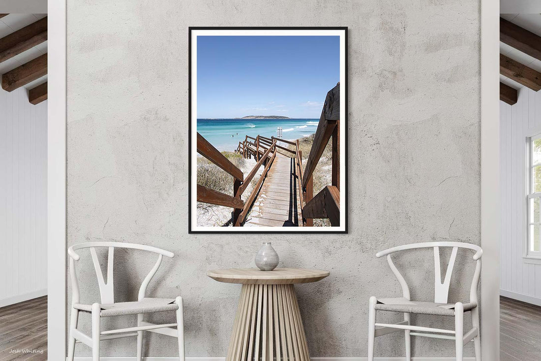 Black framed wall art print, high contrast coastal photography of a WA beach day