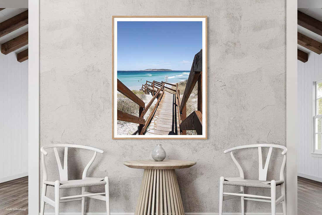 Oak framed coastal print, WA beach photography with white sand and clear water