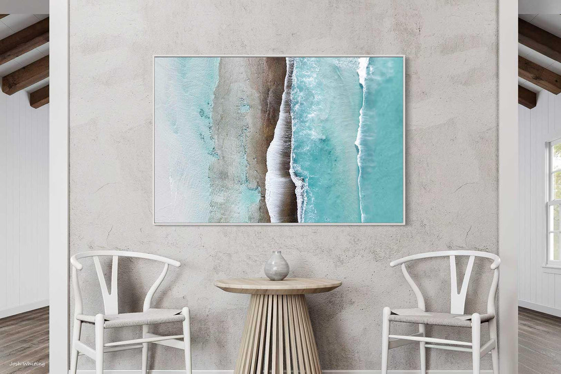 White floating frame canvas, boho beach wall art suited to relaxed coastal interiors
