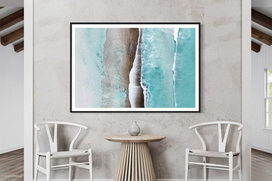 Black framed beach photography print, bold contrast for modern coastal spaces
