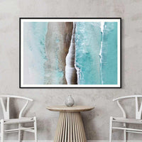 Black framed beach photography print, bold contrast for modern coastal spaces