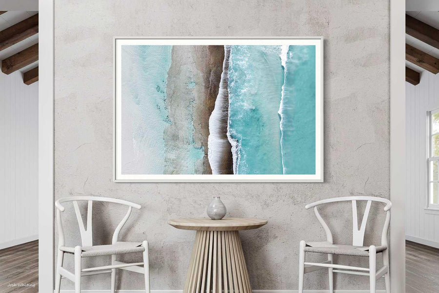A large wall art piece in a white frame, fine art coastal photography ready to hang [[framed_white]]