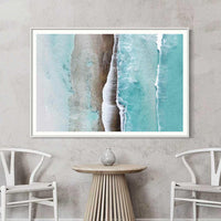 A large wall art piece in a white frame, fine art coastal photography ready to hang