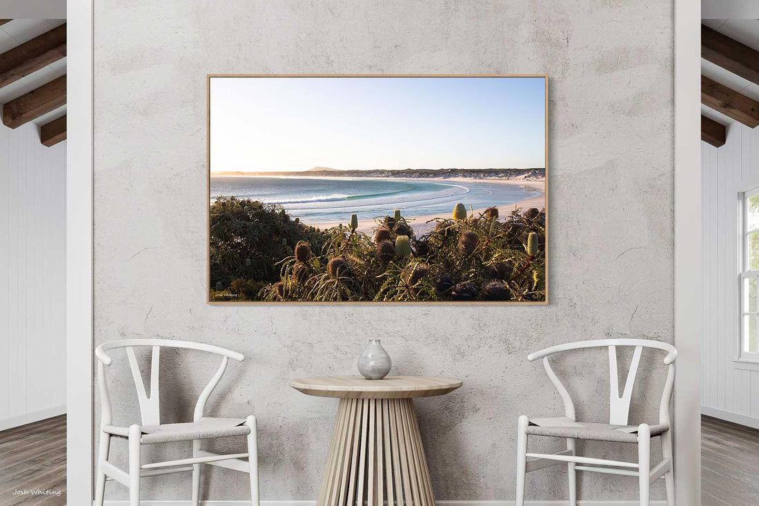 Oak floating frame canvas featuring the wave at Wharton Beach, a piece of beach house wall art