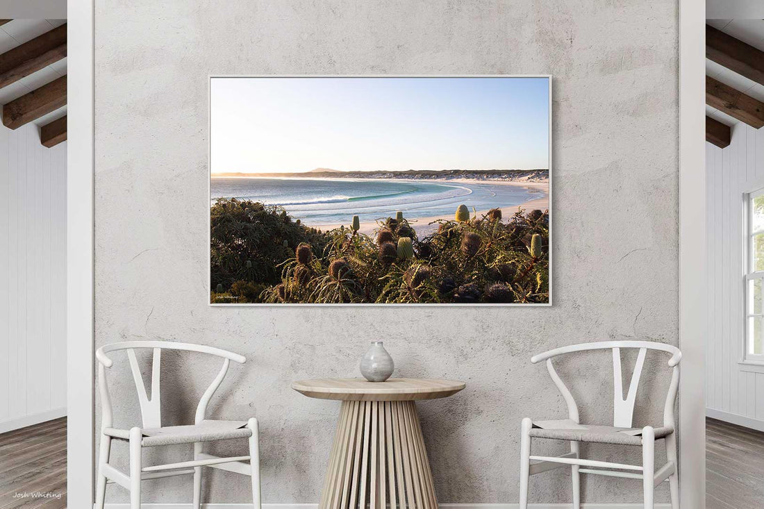 White floating frame canvas of Wharton Beach, Western Australia surf photography for the home