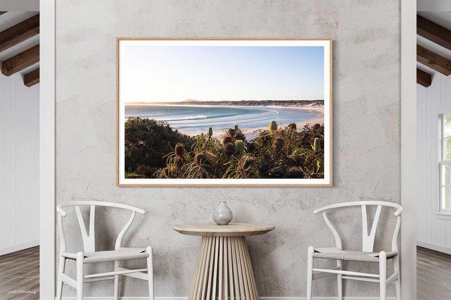 Oak framed Wharton Beach print, warm tones for Australian coastal wall art [[framed_oak]]
