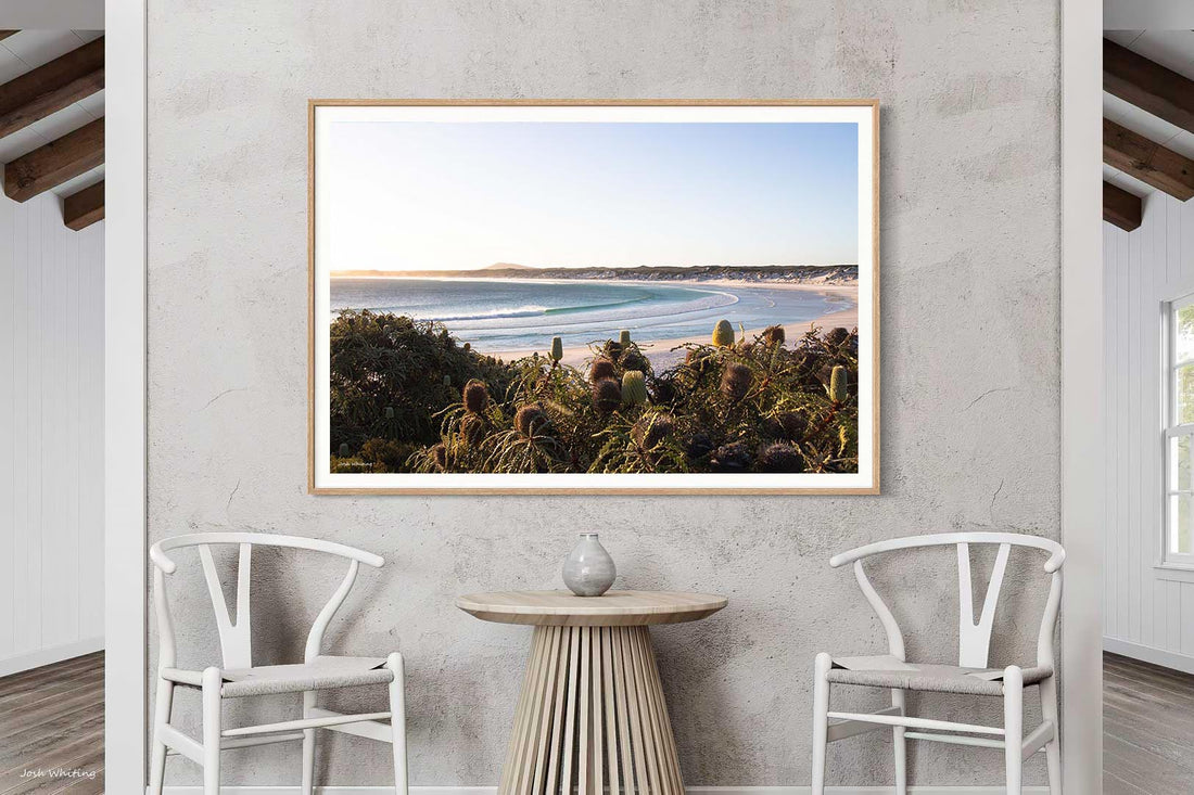 Oak framed Wharton Beach print, warm tones for Australian coastal wall art