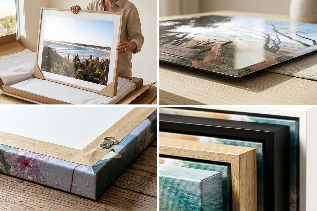 Close-up of print quality and framing detail — canvas, acrylic and framed corner samples for Wharton Beach wall art