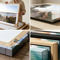 Close-up of print quality and framing detail — canvas, acrylic and framed corner samples for Wharton Beach wall art