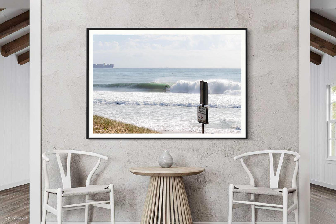 Bold black frame around a Wurtulla Beach surf shot, contemporary wall art for a Queensland coastal home