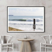 Bold black frame around a Wurtulla Beach surf shot, contemporary wall art for a Queensland coastal home