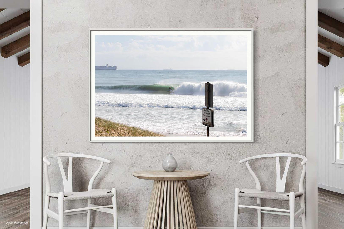 White framed print of this Wurtulla Beach wave, simple surf wall art for a light and airy coastal room