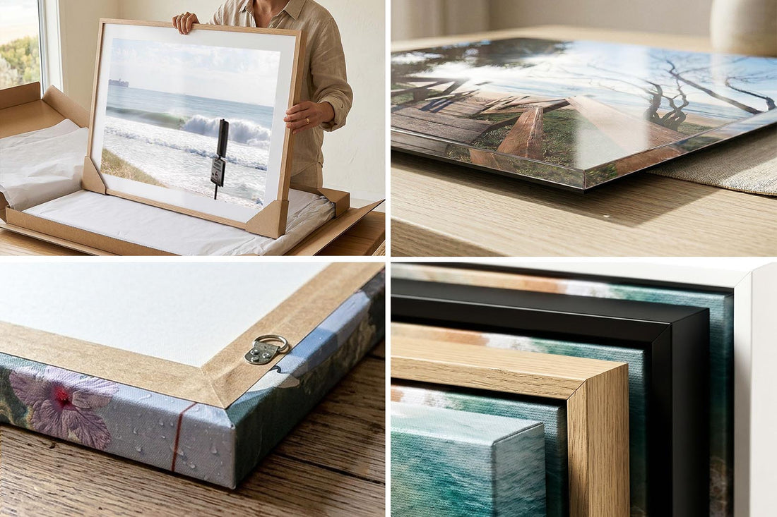 A closer look at the print finish, showing texture and framing detail across the canvas, acrylic and framed options
